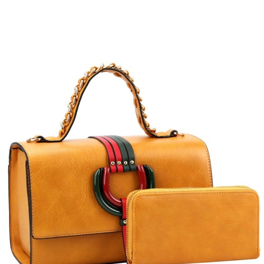 Striped Classy Hoop Accent Top-Handle Boxy Satchel Wallet Set